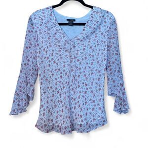 Ann Carson Silk White and Pink Floral-Print Blouse - M